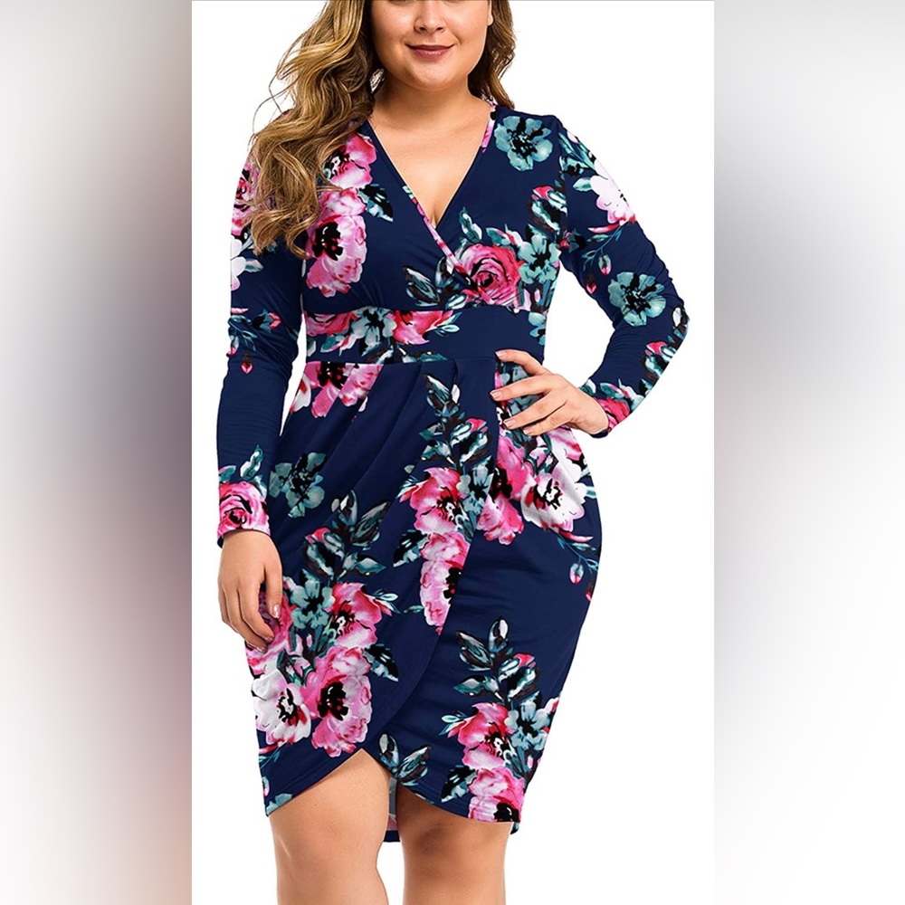 LAOLASI plus size long sleeve deep v neck cocktail dress- blue floral- size 2XL